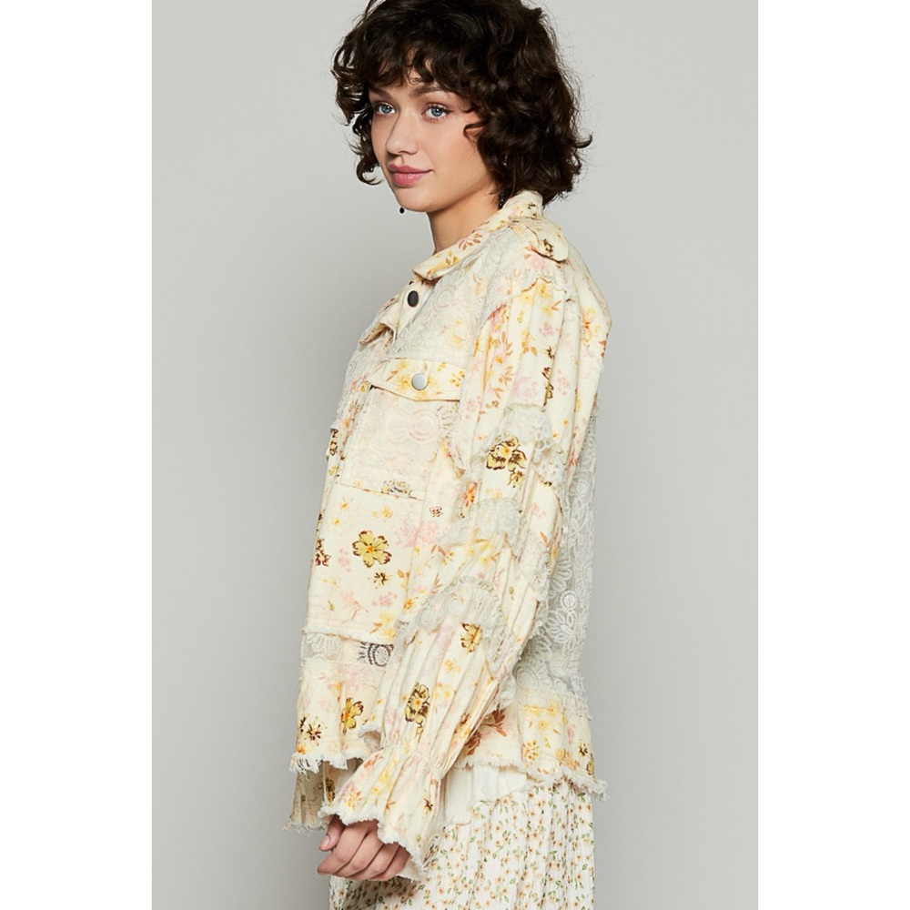 POL Cream Floral Twill and Lace Patchwork Jacket | Button Front - Picture 3 of 9